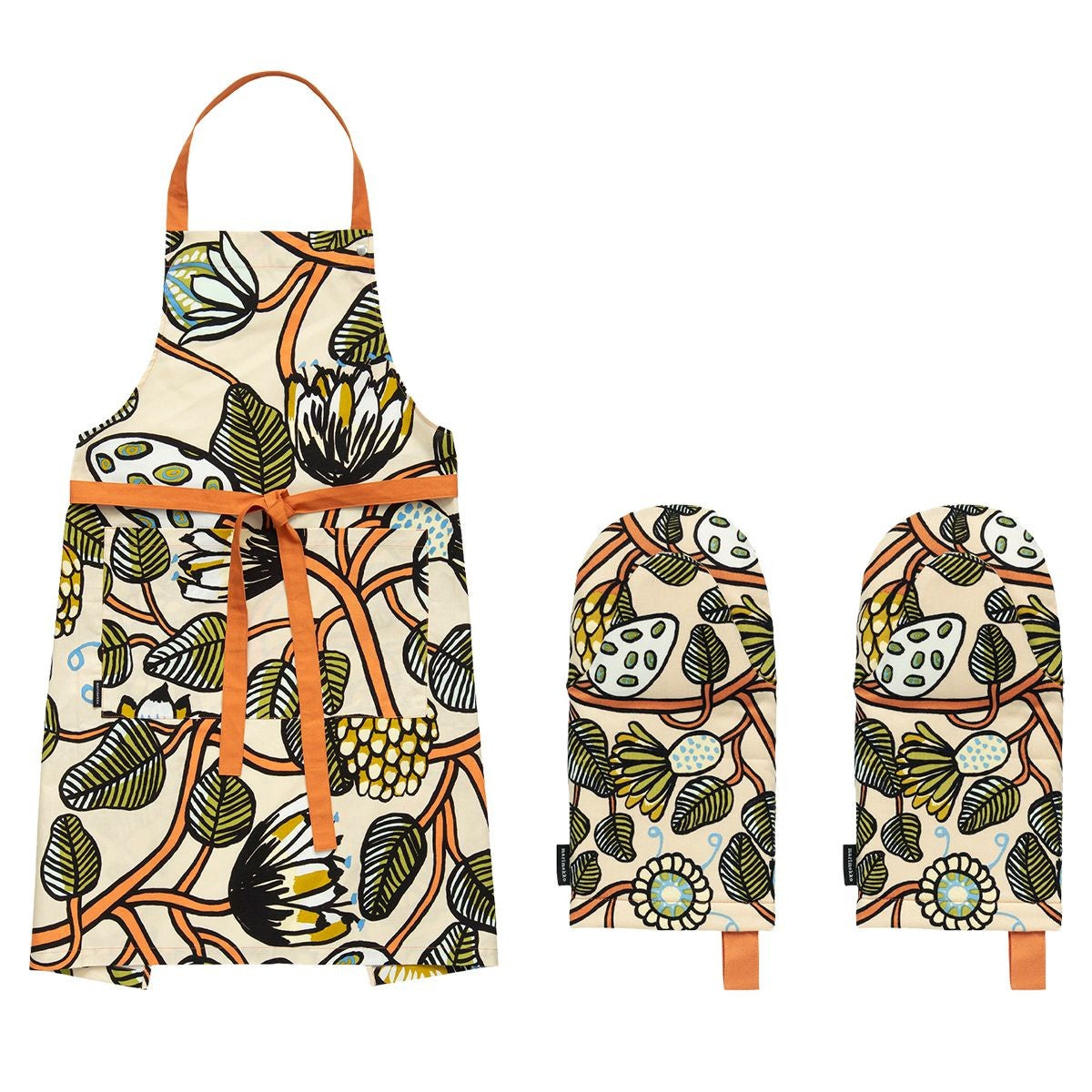 Marimekko Tiara Orange / Green / Blue 3pc Oven Mitt & Apron Set