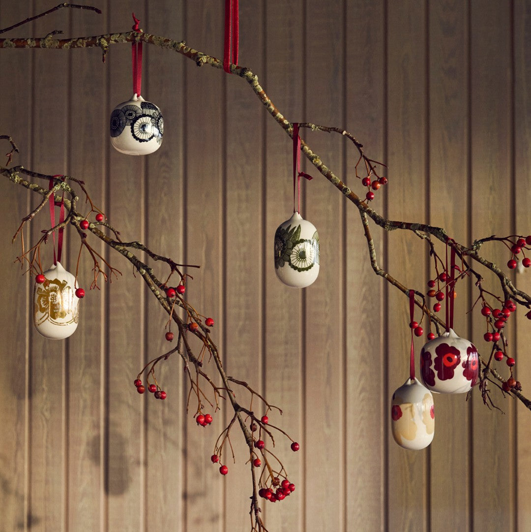 Marimekko Unikko Dark Red / Beige / White Ornaments - Set of 2