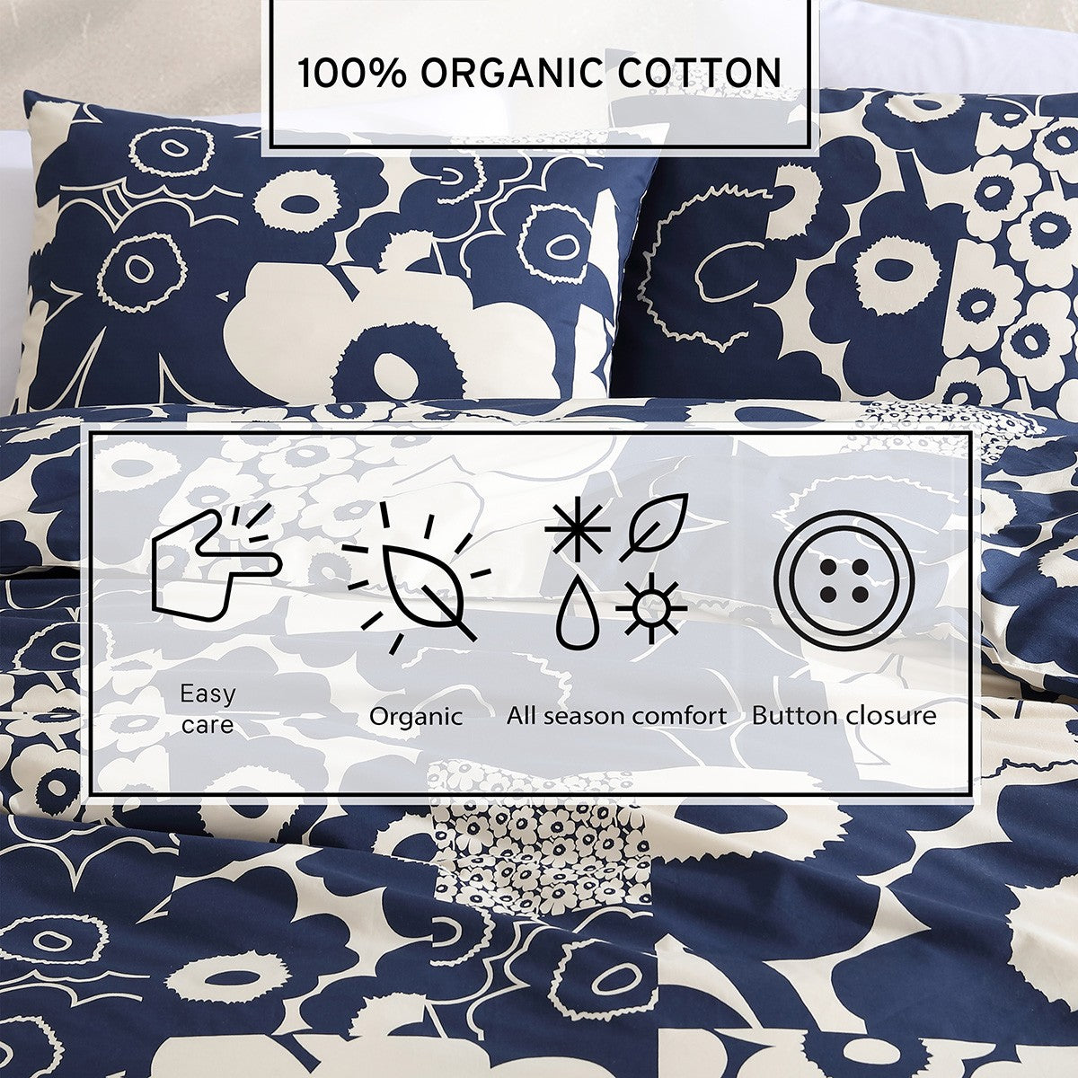 Marimekko Unikko Kollaasi Dark Blue / Off White Full / Queen Duvet Cover Set