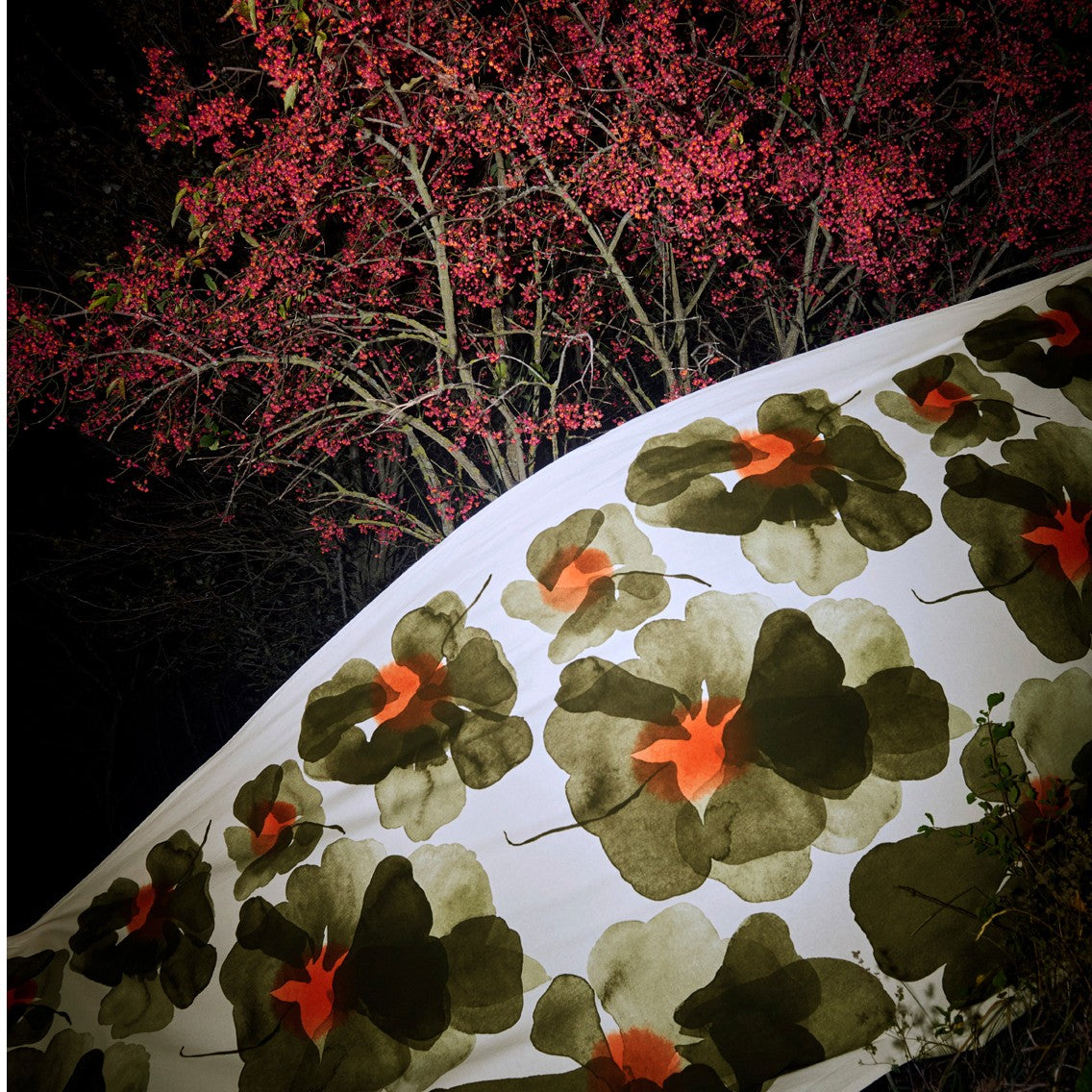 Marimekko Valssi Forest Green / Red Medium Weight Cotton Fabric Repeat