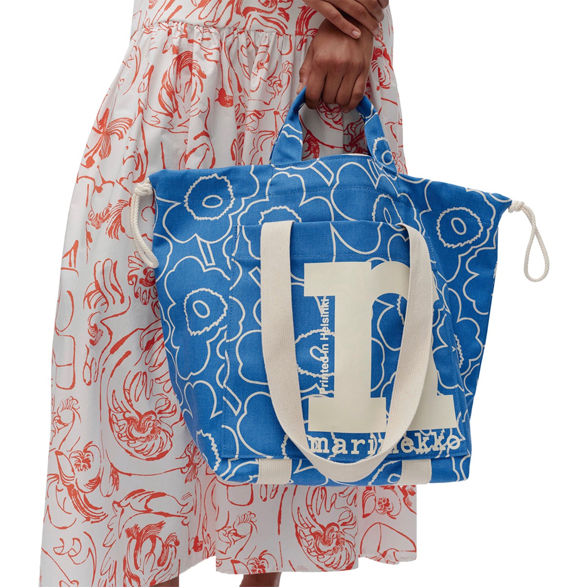 Marimekko Piirto Unikko Blue / Off White Large Mono City Tote Bag