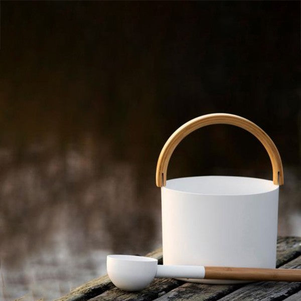 Kolo White Aluminum / Bamboo Sauna Bucket & Ladle Set