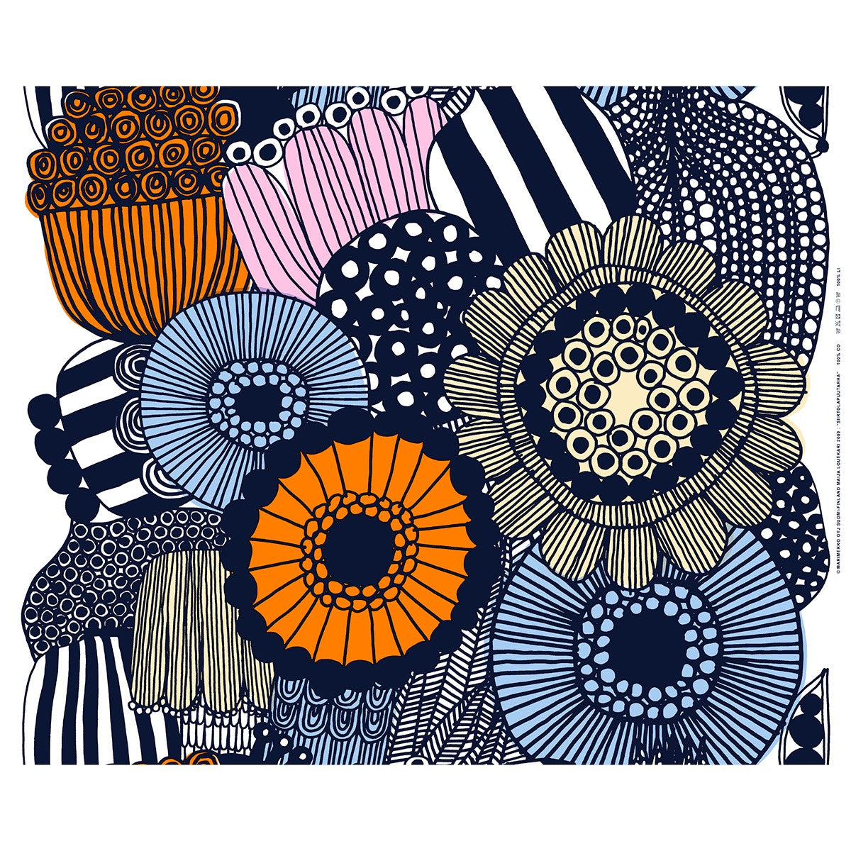 Marimekko Siirtolapuutarha Light Yellow / Blue / Orange Acrylic-Coated Cotton Fabric Repeat