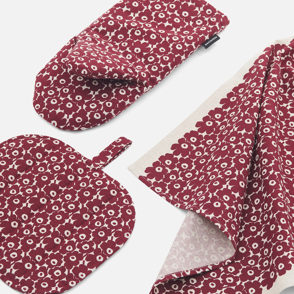 Marimekko Pikkuinen Unikko Burgundy / Cream Oven Mitt & Tea Towel Set