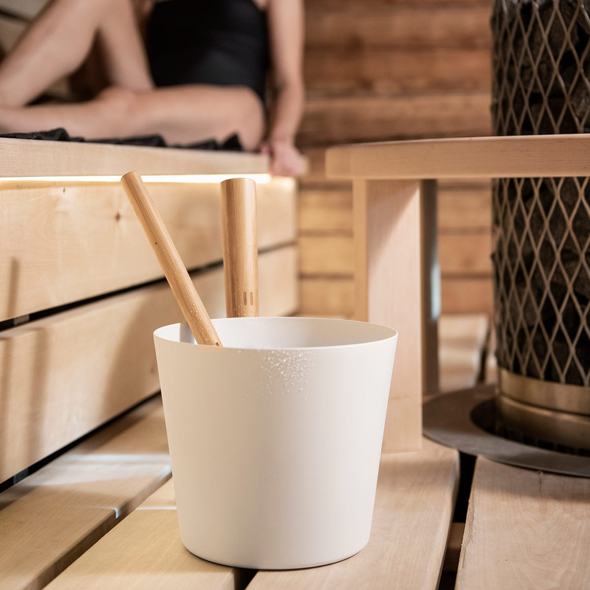 Rento Aluminum / Bamboo White Sauna Bucket & Ladle Set