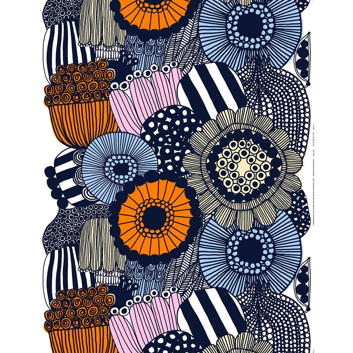 Marimekko Siirtolapuutarha Light Yellow / Blue / Orange Acrylic-Coated Cotton Fabric Repeat