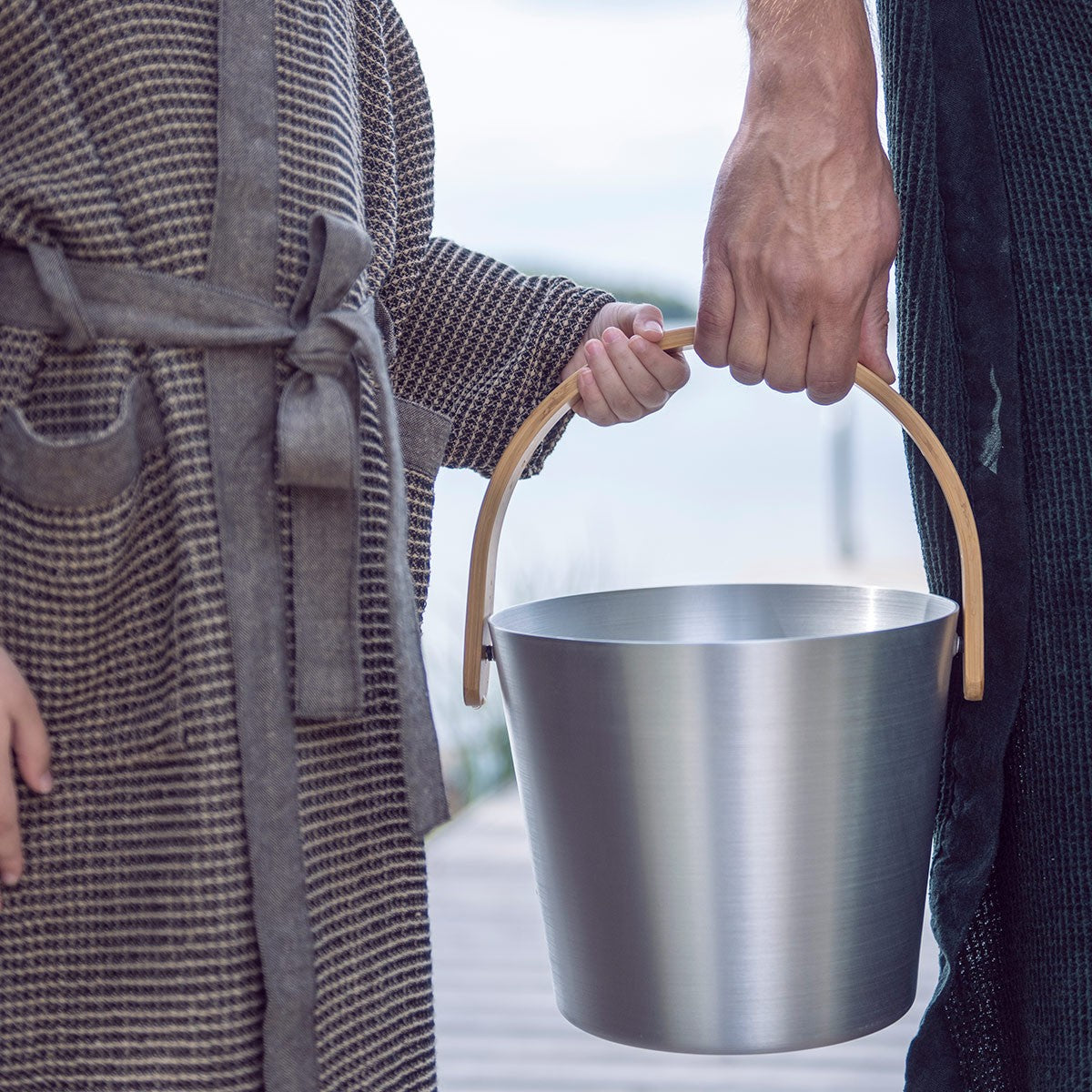 Rento Aluminum / Bamboo Silver Sauna Pail & Ladle Set